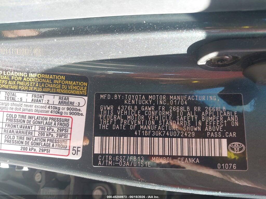 4T1BF30K74U072429 2004 TOYOTA CAMRY photo no. 9
