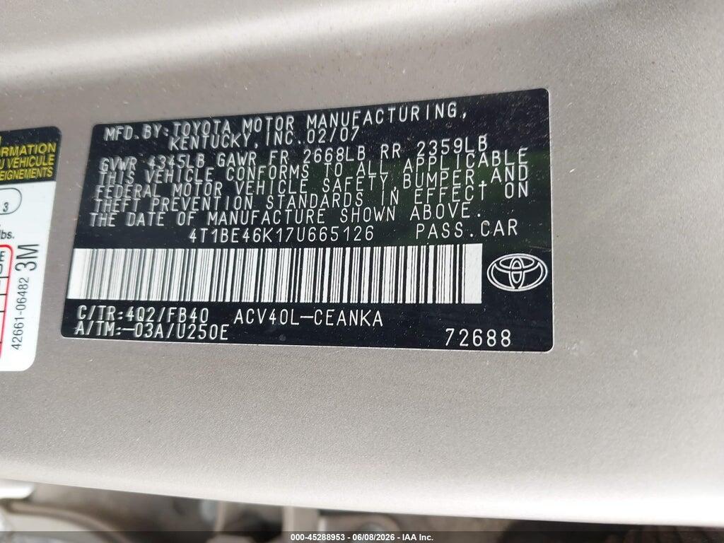 4T1BE46K17U665126 2007 TOYOTA CAMRY photo no. 9