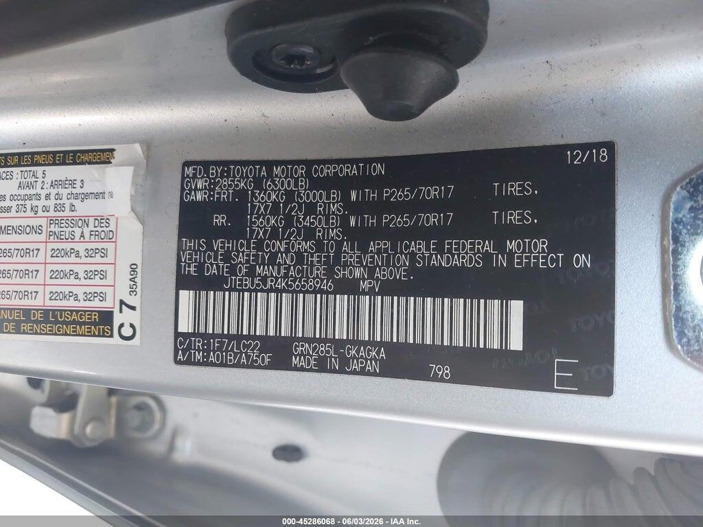 JTEBU5JR4K5658946 2019 TOYOTA 4RUNNER photo no. 9