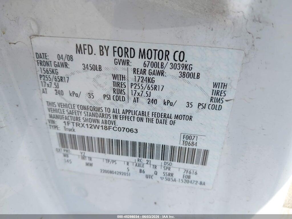 1FTRX12W18FC07063 2008 FORD F-150 photo no. 9