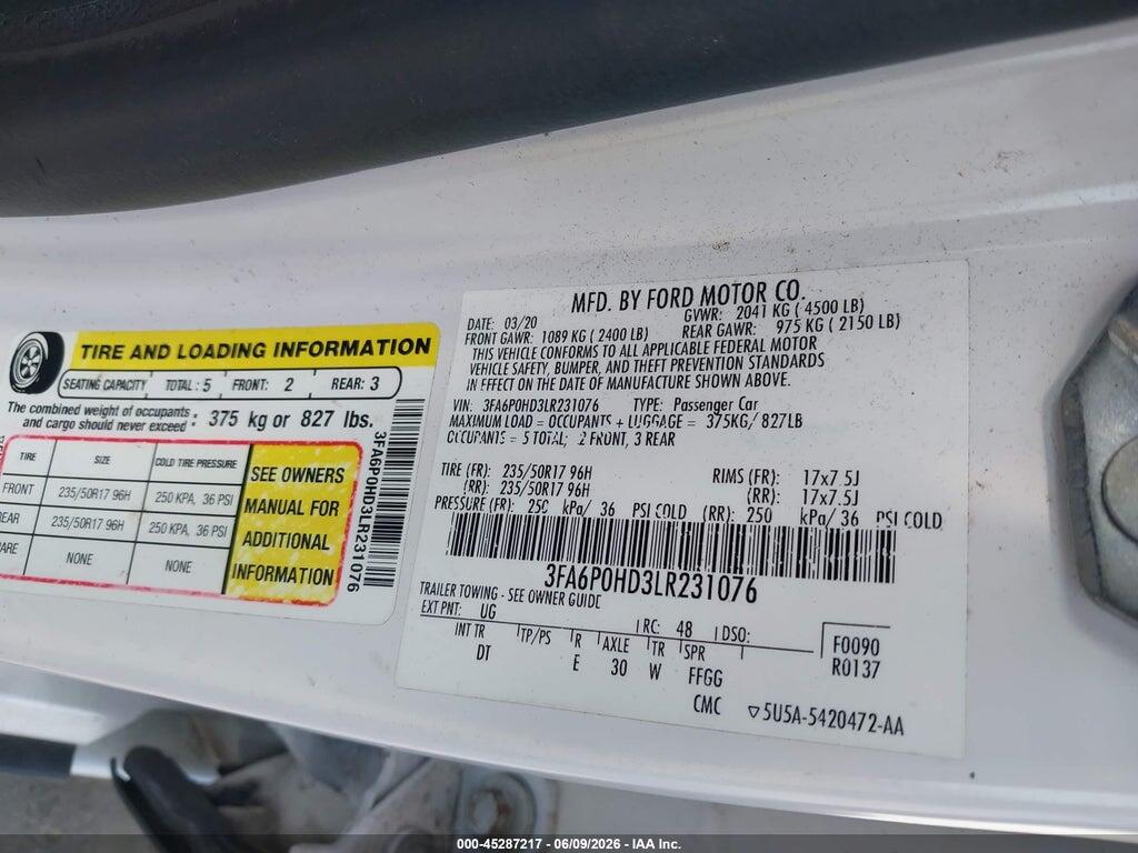 3FA6P0HD3LR231076 2020 FORD FUSION photo no. 9