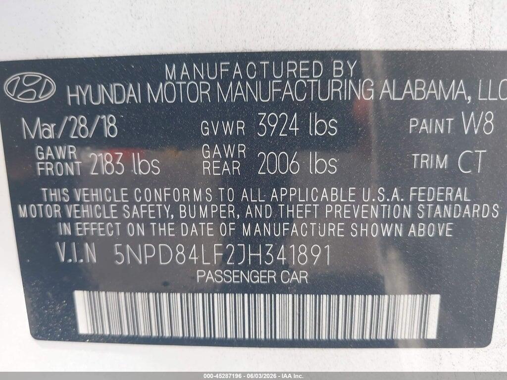 5NPD84LF2JH341891 2018 HYUNDAI ELANTRA photo no. 9