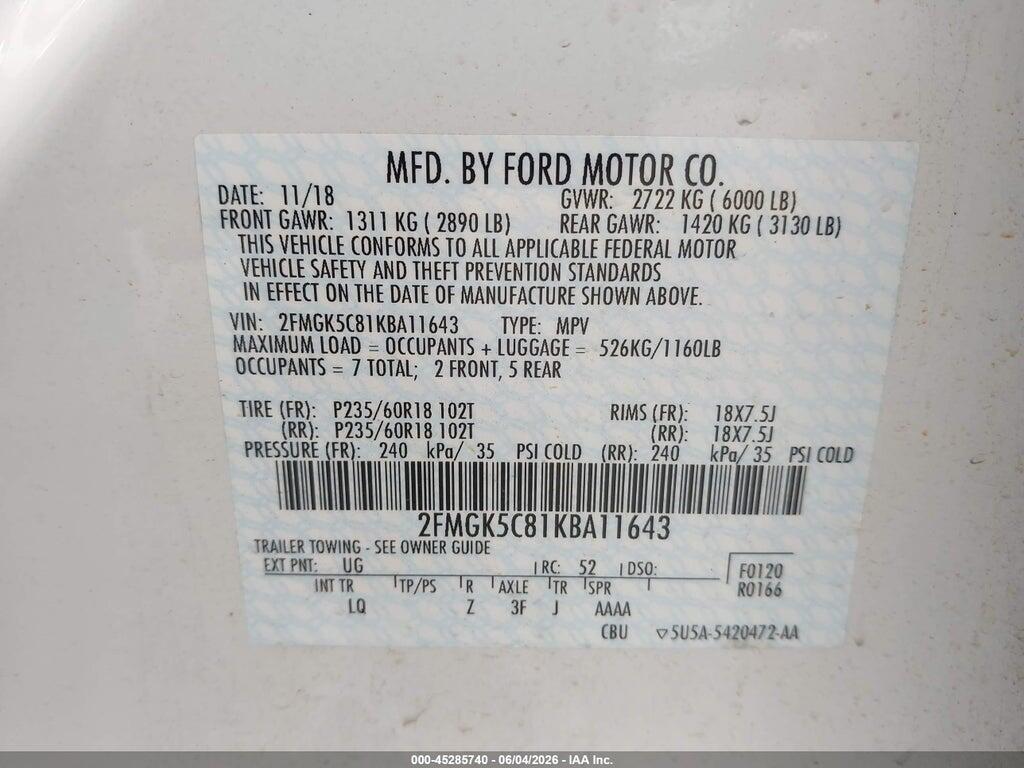 2FMGK5C81KBA11643 2019 FORD FLEX photo no. 9