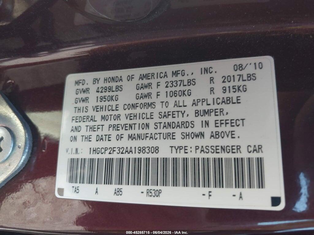 1HGCP2F32AA198308 2010 HONDA ACCORD photo no. 9