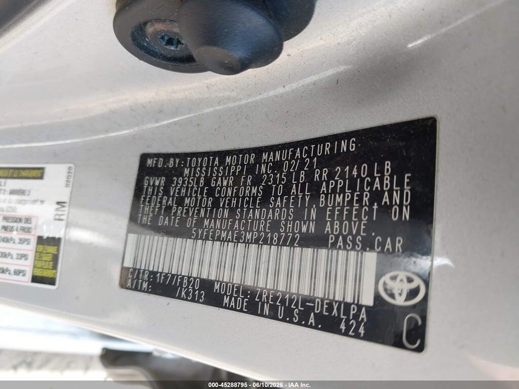 5YFEPMAE3MP218772 2021 TOYOTA COROLLA photo no. 9