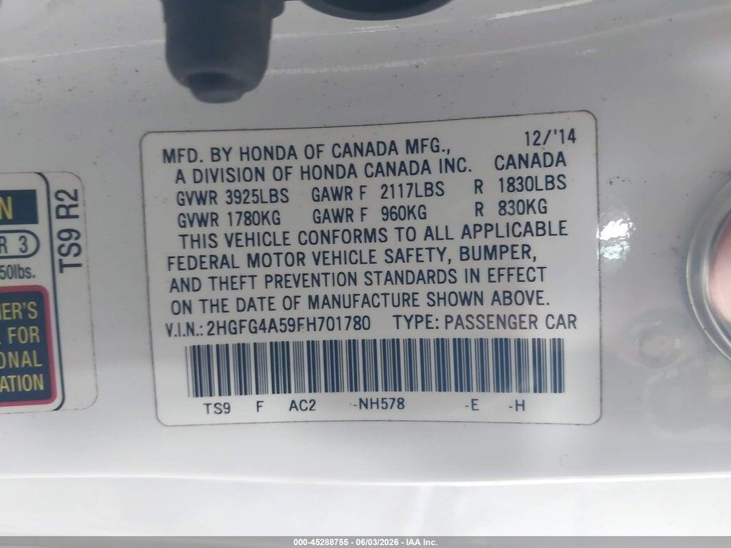 2HGFG4A59FH701780 2015 HONDA CIVIC photo no. 9