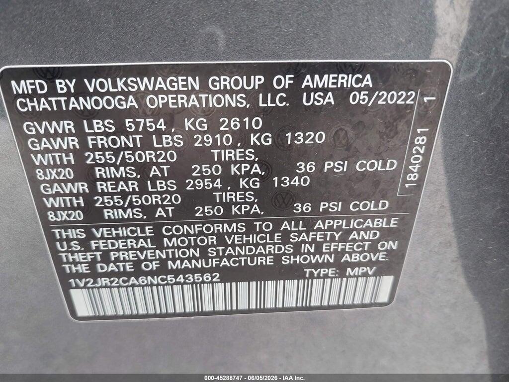 1V2JR2CA6NC543562 2022 VOLKSWAGEN ATLAS photo no. 9
