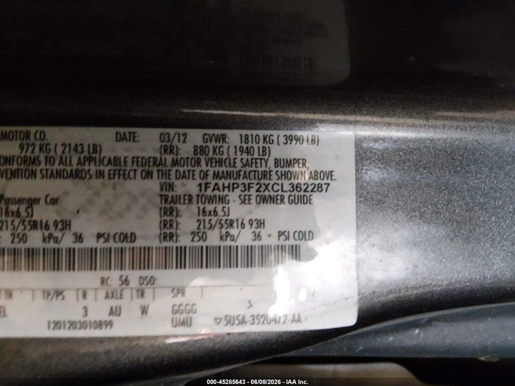 1FAHP3F2XCL362287 2012 FORD FOCUS photo no. 9
