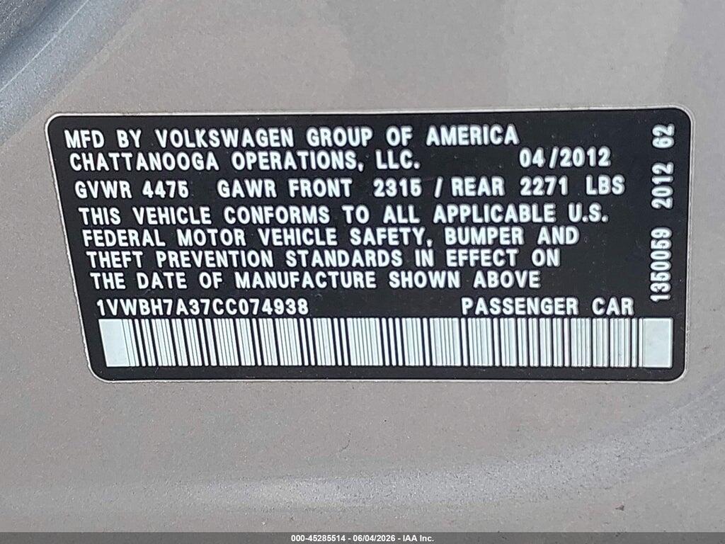 1VWBH7A37CC074938 2012 VOLKSWAGEN PASSAT photo no. 9