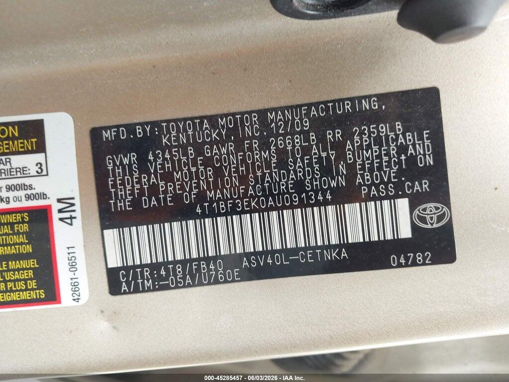 4T1BF3EK0AU091344 2010 TOYOTA CAMRY photo no. 9