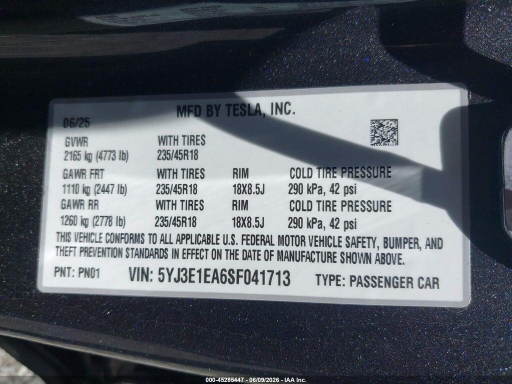5YJ3E1EA6SF041713 2025 TESLA MODEL 3 photo no. 9