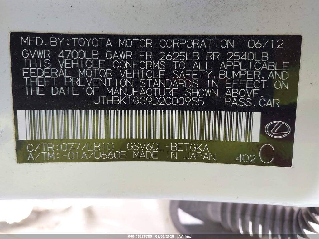 JTHBK1GG9D2000955 2013 LEXUS ES 350 photo no. 9