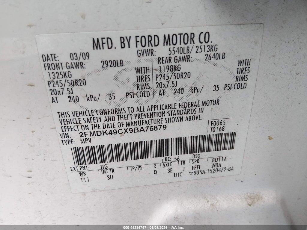 2FMDK49CX9BA76879 2009 FORD EDGE photo no. 9