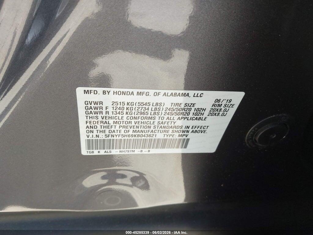 5FNYF5H69KB043621 2019 HONDA PILOT photo no. 9
