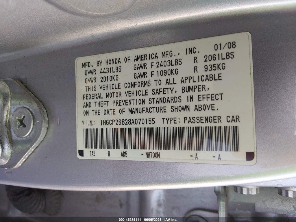 1HGCP26828A070155 2008 HONDA ACCORD photo no. 9
