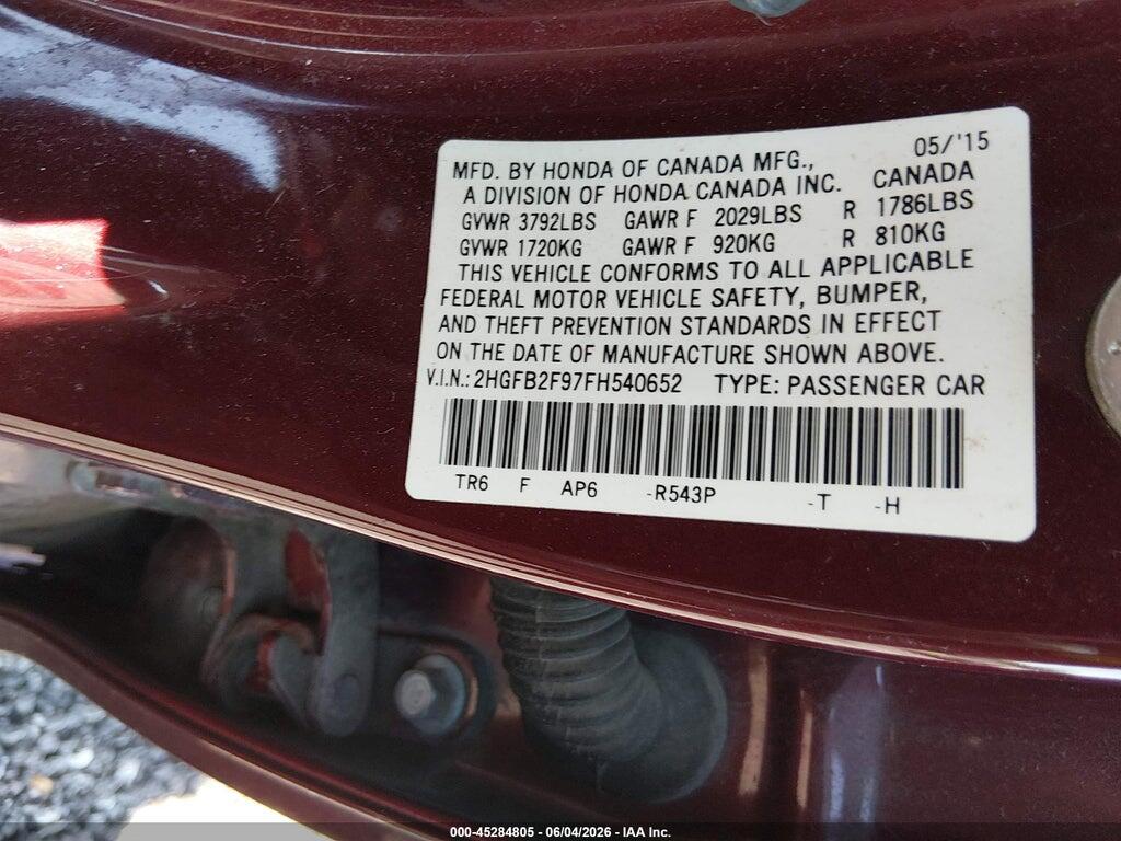 2HGFB2F97FH540652 2015 HONDA CIVIC photo no. 9