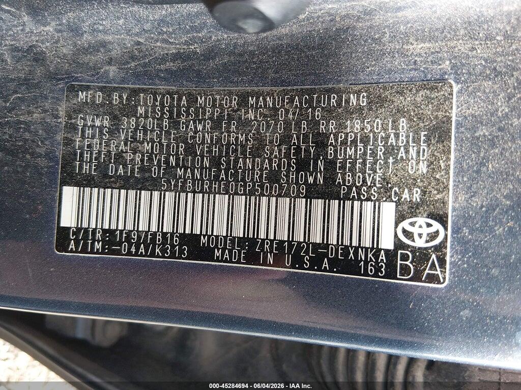 5YFBURHE0GP500709 2016 TOYOTA COROLLA photo no. 9