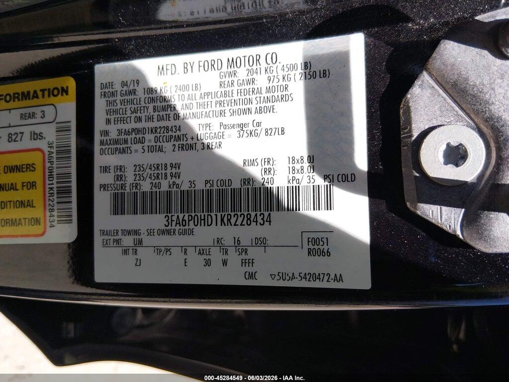3FA6P0HD1KR228434 2019 FORD FUSION photo no. 9