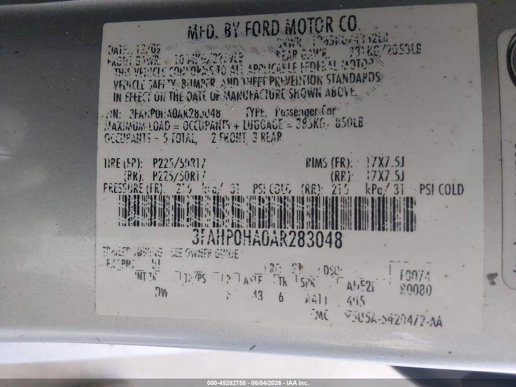 3FAHP0HA0AR283048 2010 FORD FUSION photo no. 9