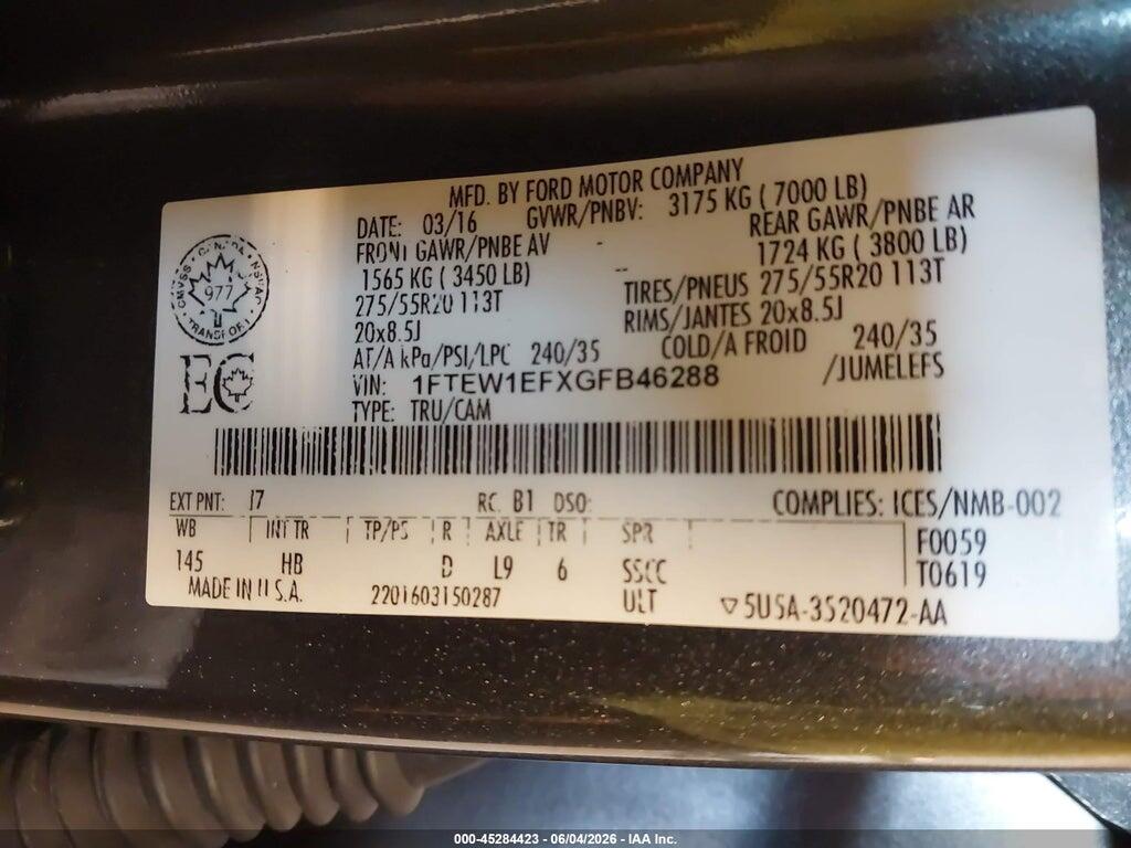 1FTEW1EFXGFB46288 2016 FORD F-150 photo no. 9
