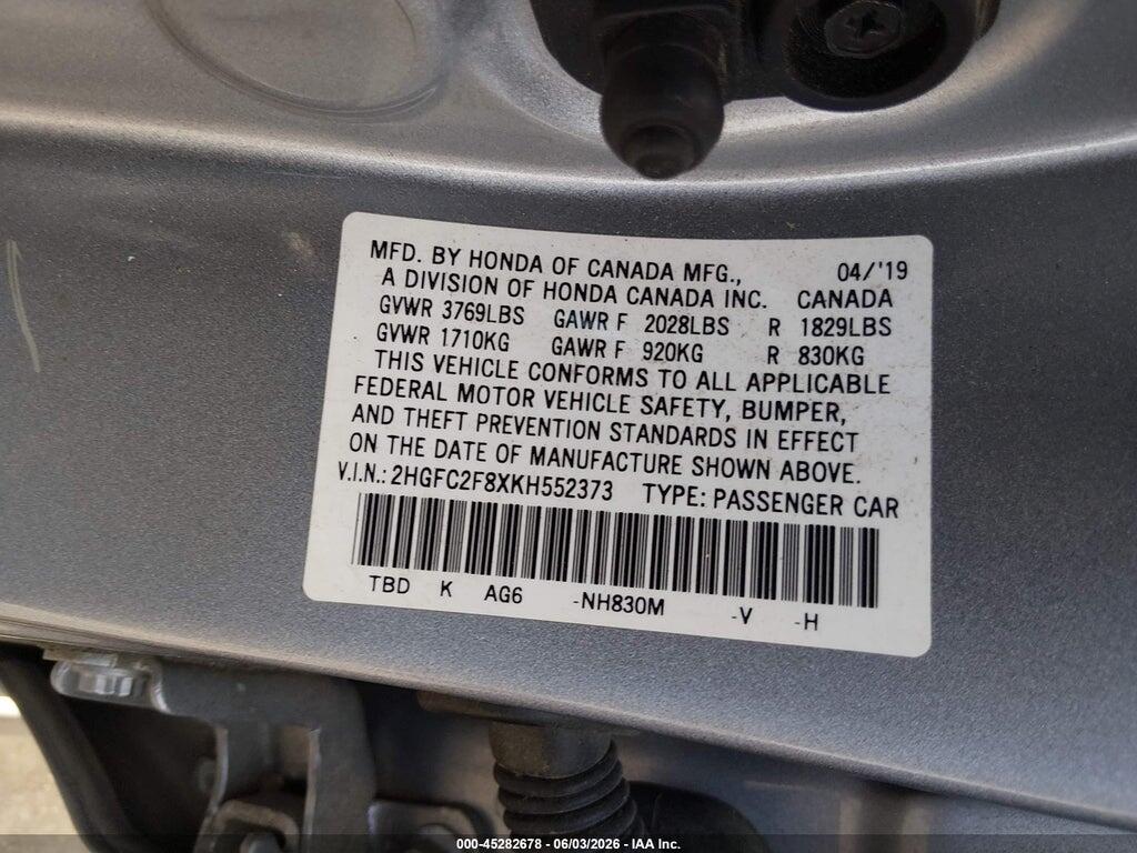 2HGFC2F8XKH552373 2019 HONDA CIVIC photo no. 9