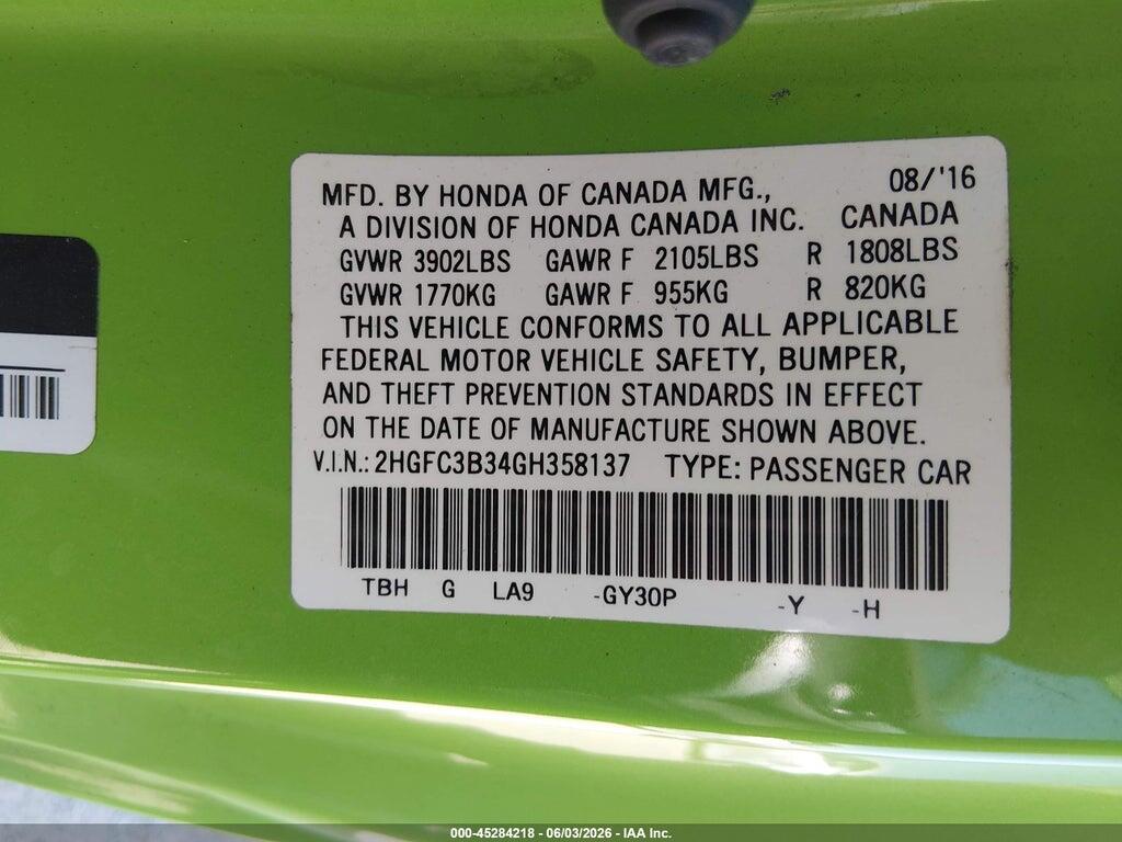 2HGFC3B34GH358137 2016 HONDA CIVIC photo no. 9