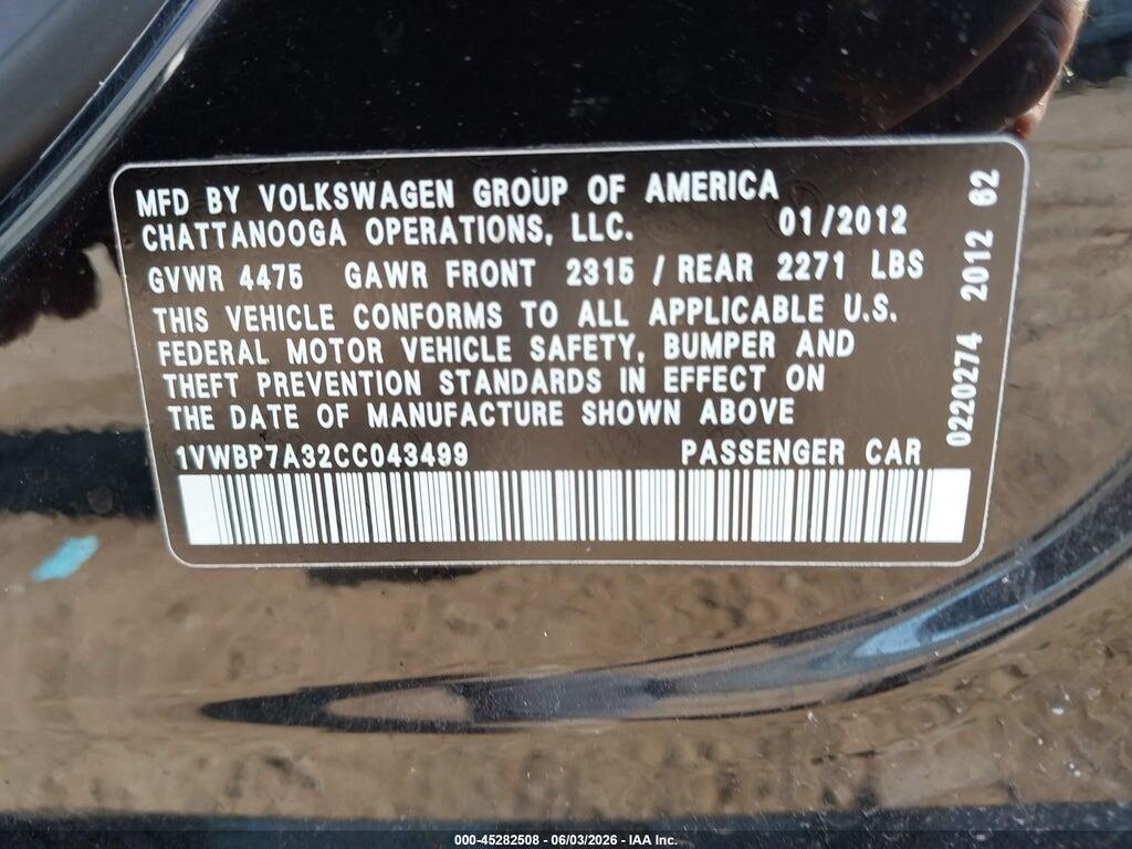1VWBP7A32CC043499 2012 VOLKSWAGEN PASSAT photo no. 9