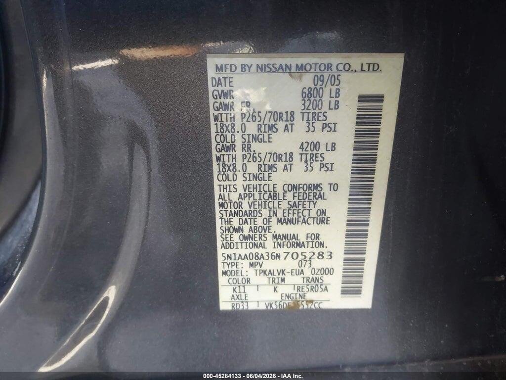 5N1AA08A36N705283 2006 NISSAN ARMADA photo no. 9