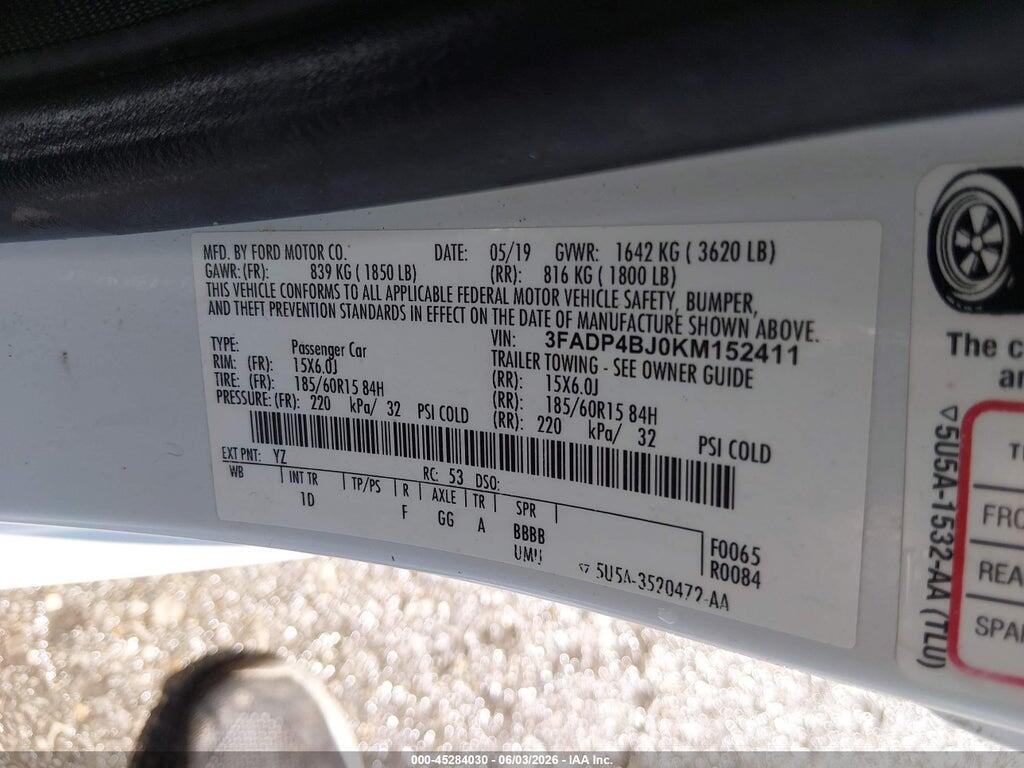 3FADP4BJ0KM152411 2019 FORD FIESTA photo no. 9
