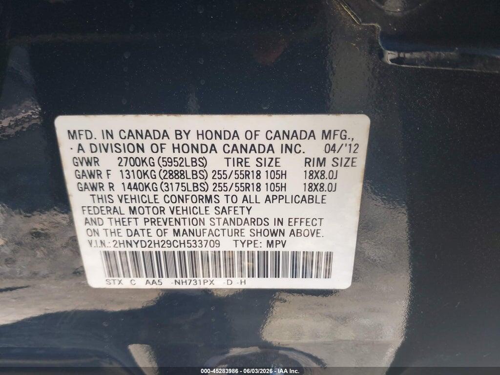2HNYD2H29CH533709 2012 ACURA MDX photo no. 9
