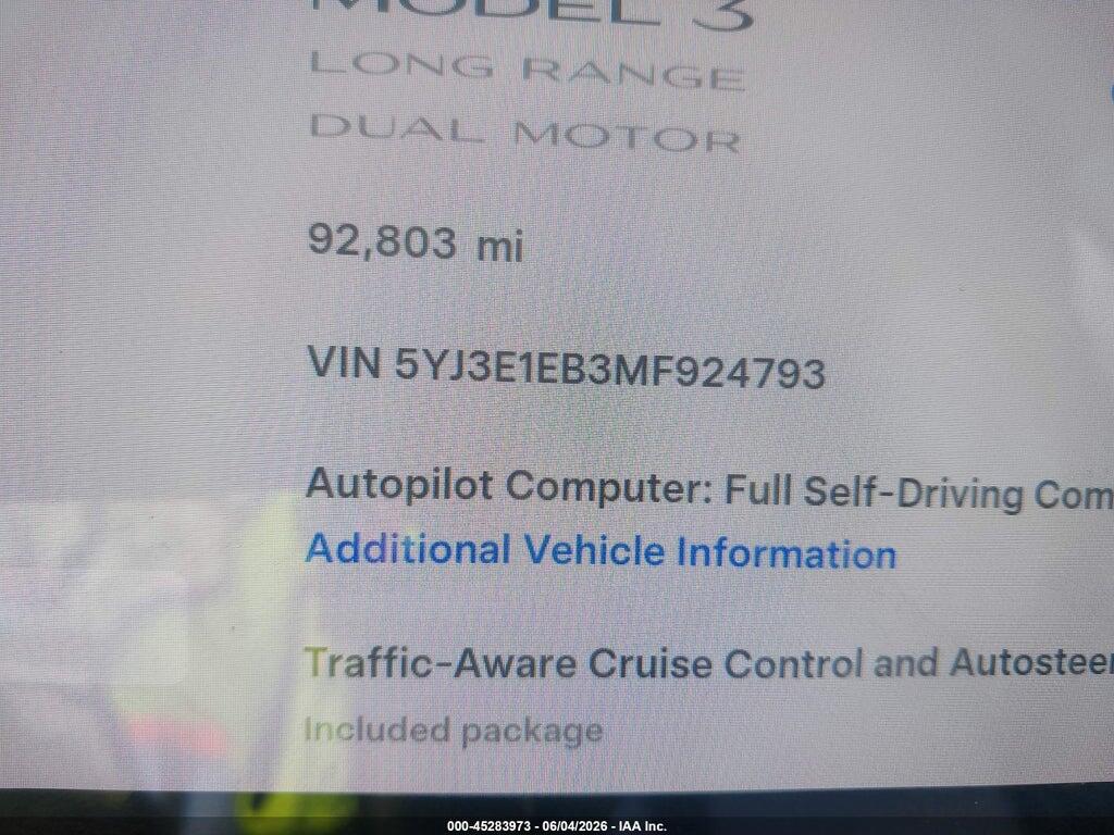 5YJ3E1EB3MF924793 2021 TESLA MODEL 3 photo no. 7