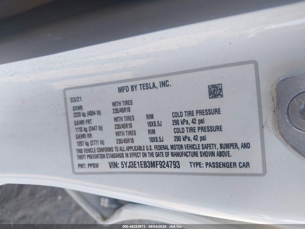 5YJ3E1EB3MF924793 2021 TESLA MODEL 3 photo no. 9