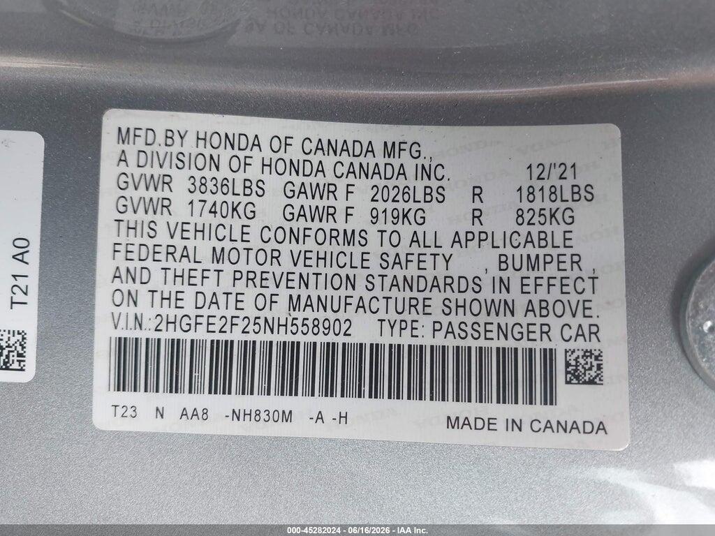 2HGFE2F25NH558902 2022 HONDA CIVIC photo no. 9