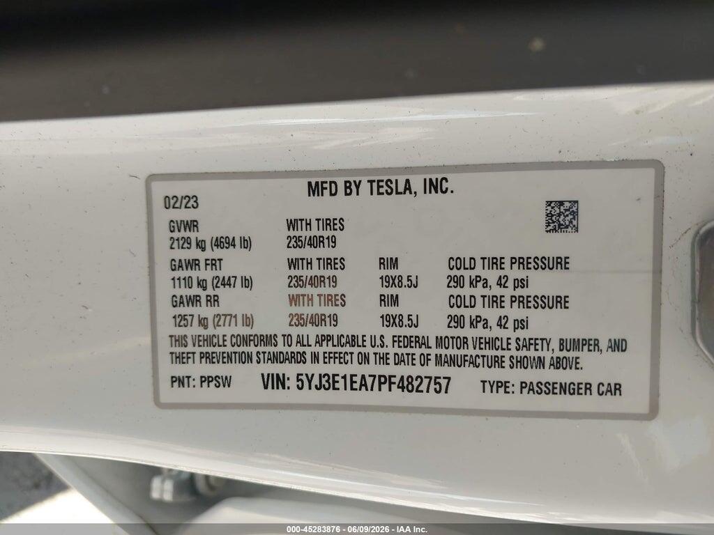 5YJ3E1EA7PF482757 2023 TESLA MODEL 3 photo no. 9