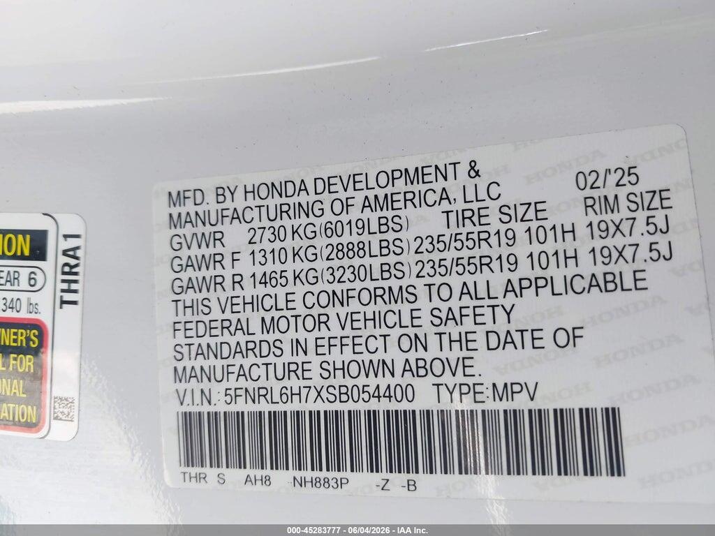 5FNRL6H7XSB054400 2025 HONDA ODYSSEY photo no. 9