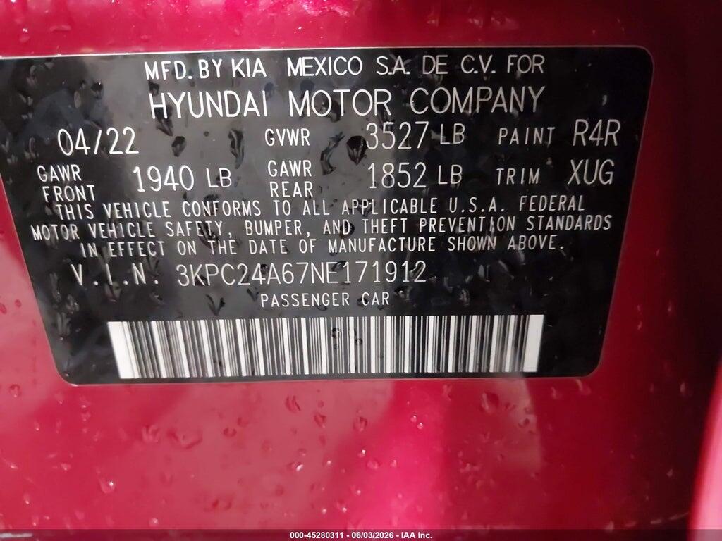 3KPC24A67NE171912 2022 HYUNDAI ACCENT photo no. 9