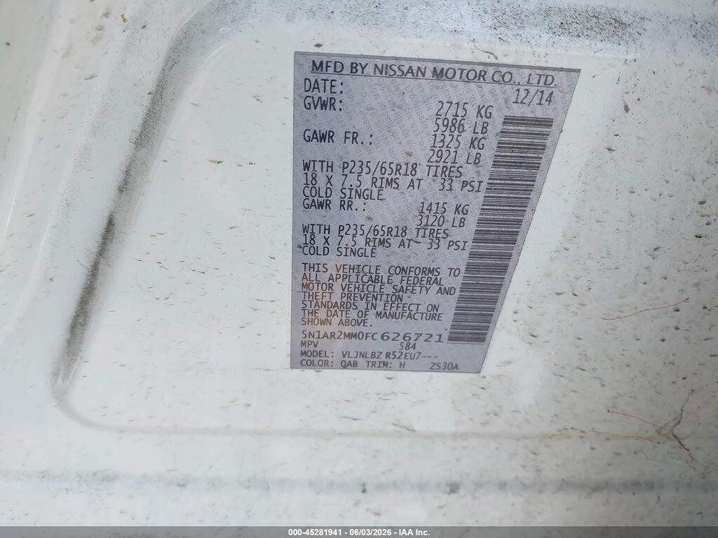 5N1AR2MM0FC626721 2015 NISSAN PATHFINDER photo no. 9
