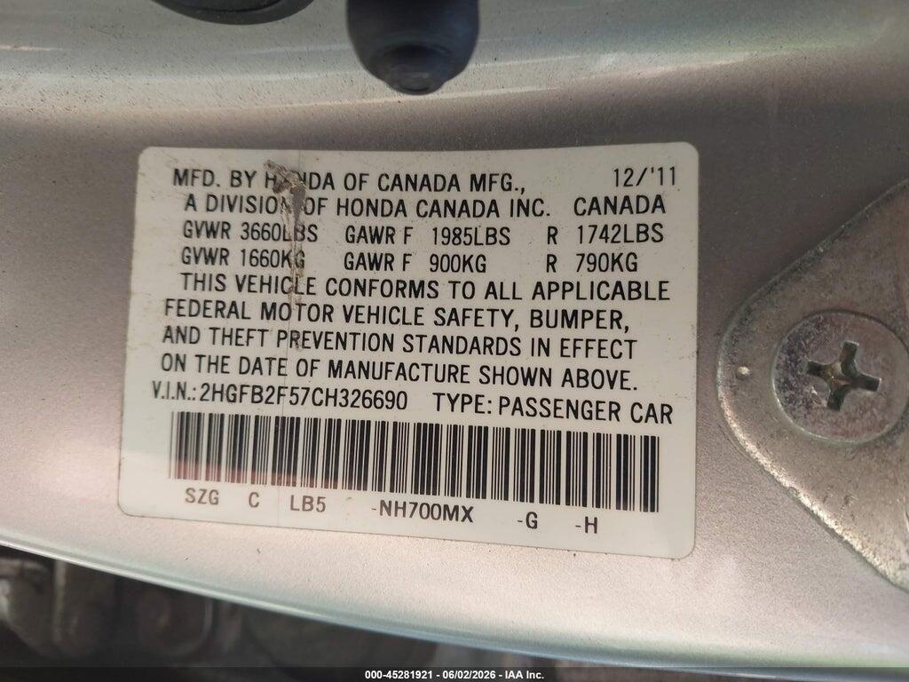 2HGFB2F57CH326690 2012 HONDA CIVIC photo no. 9