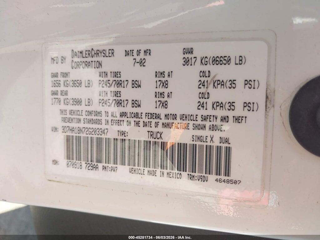 3D7HA18N72G203347 2002 DODGE RAM 1500 photo no. 9