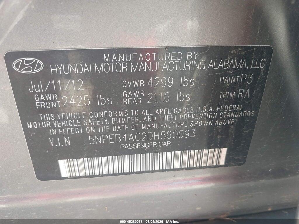 5NPEB4AC2DH560093 2013 HYUNDAI SONATA photo no. 9