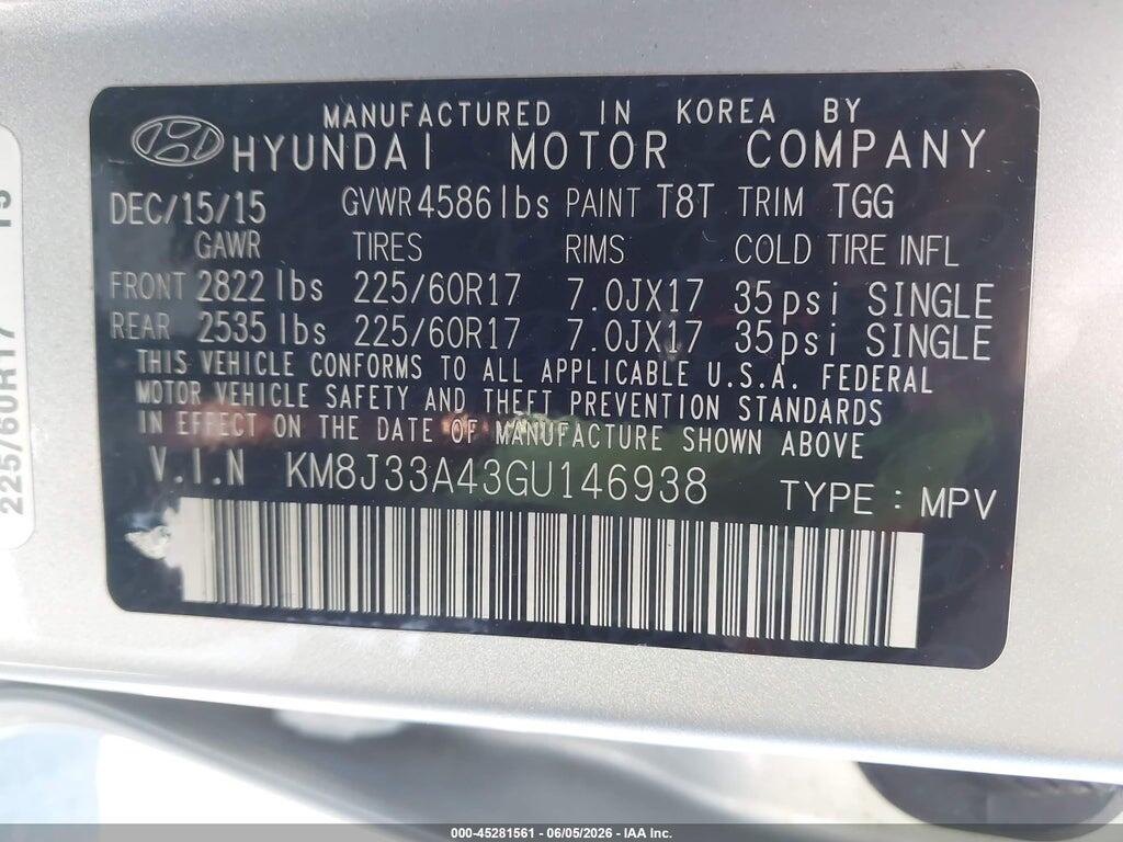KM8J33A43GU146938 2016 HYUNDAI TUCSON photo no. 9
