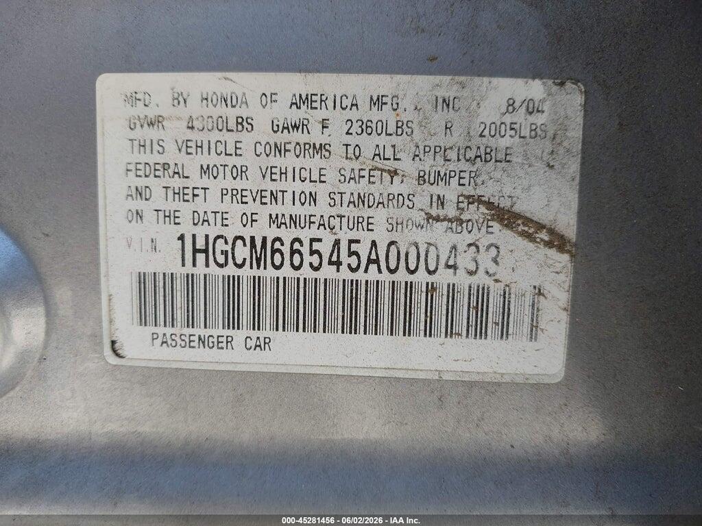 1HGCM66545A000433 2005 HONDA ACCORD photo no. 9