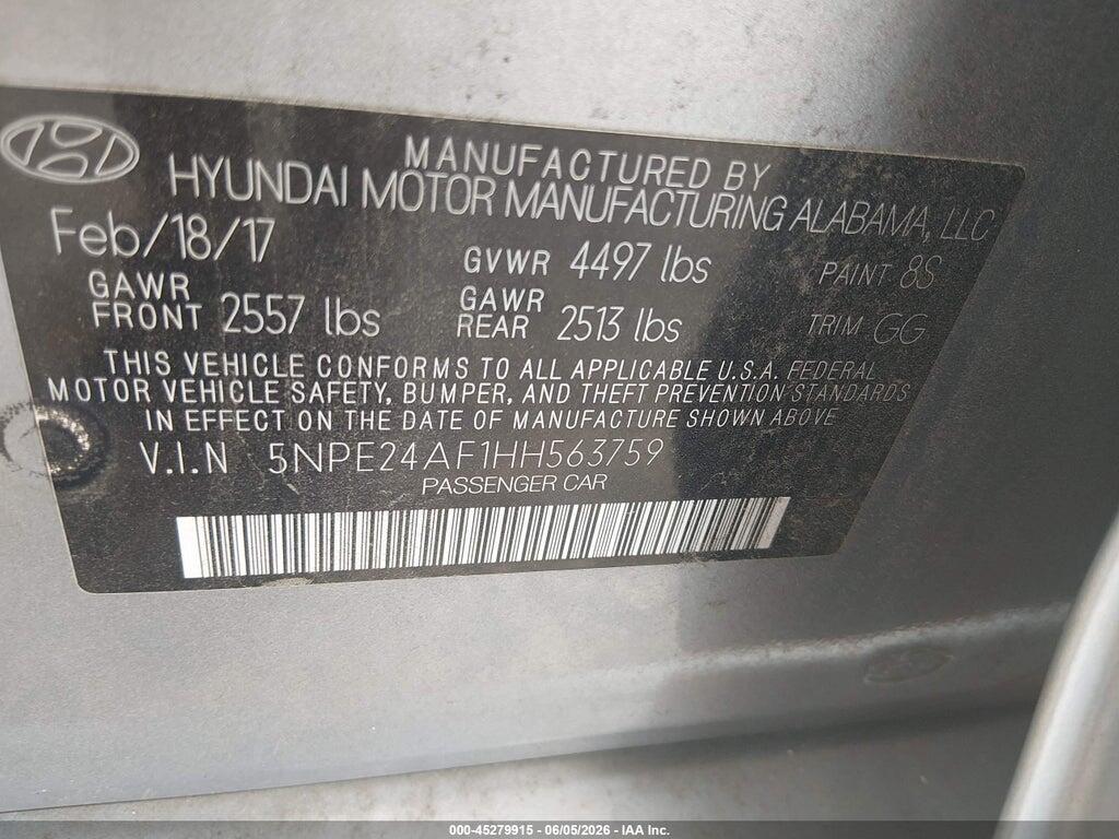 5NPE24AF1HH563759 2017 HYUNDAI SONATA photo no. 9