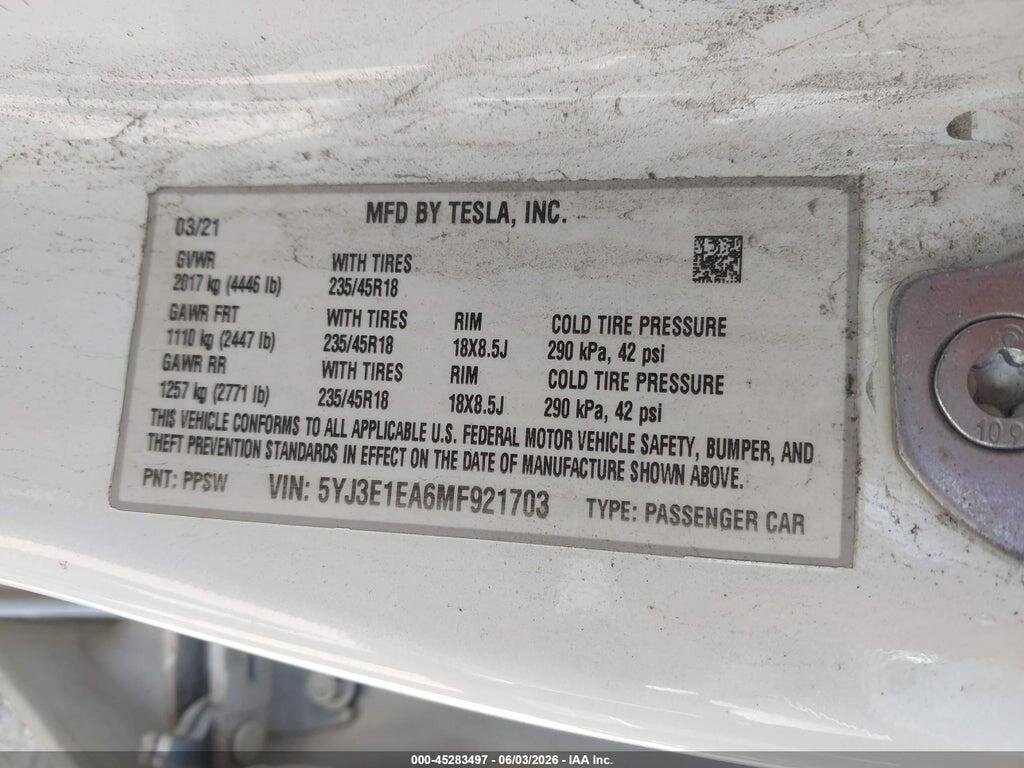 5YJ3E1EA6MF921703 2021 TESLA MODEL 3 photo no. 9