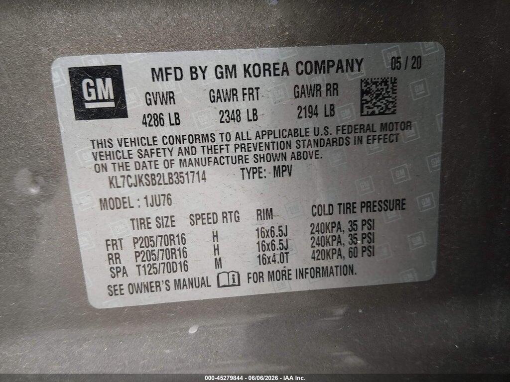 KL7CJKSB2LB351714 2020 CHEVROLET TRAX photo no. 9