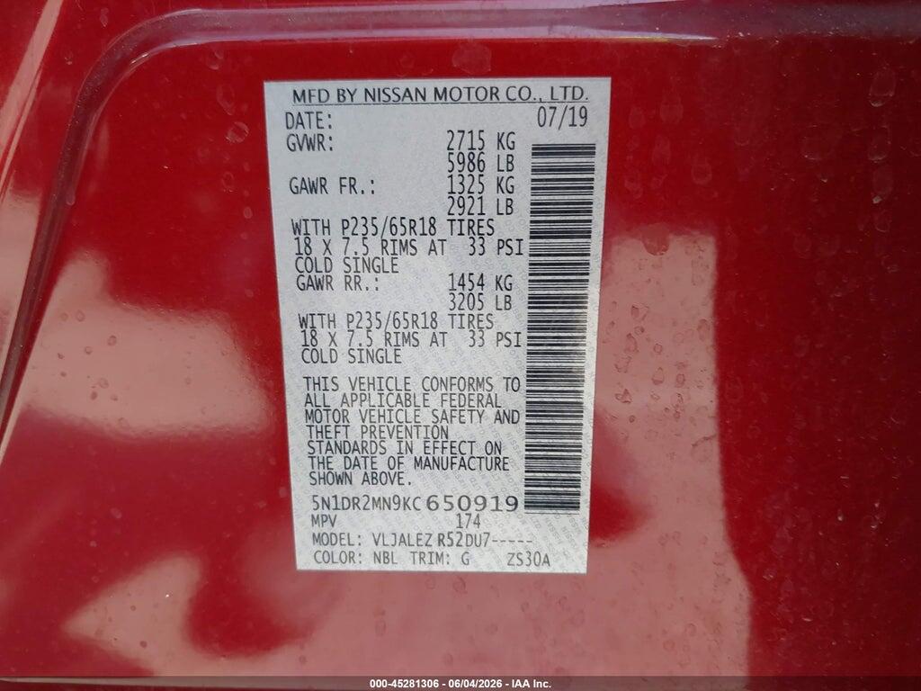 5N1DR2MN9KC650919 2019 NISSAN PATHFINDER photo no. 9