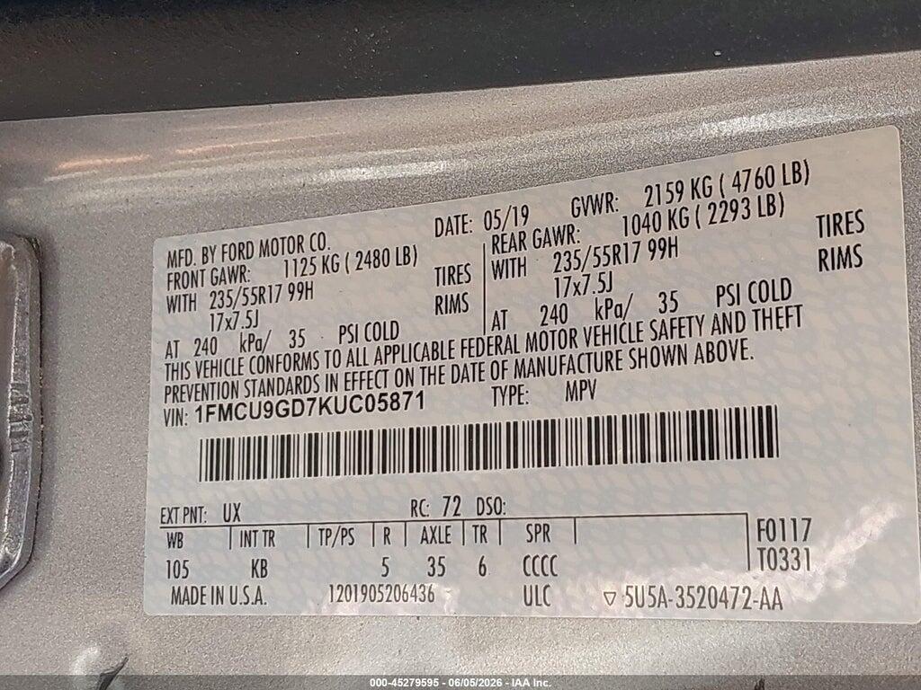 1FMCU9GD7KUC05871 2019 FORD ESCAPE photo no. 9