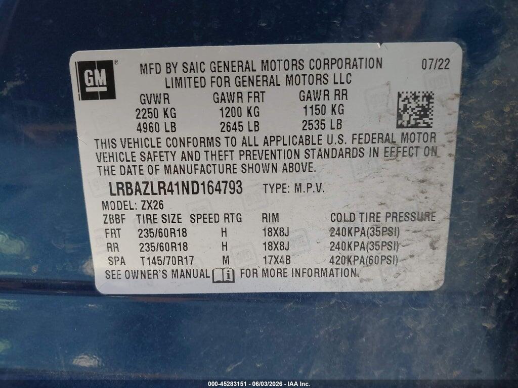 LRBAZLR41ND164793 2022 BUICK ENVISION photo no. 9