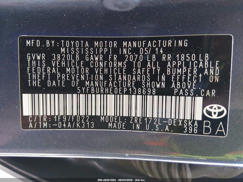5YFBURHE0EP138698 2014 TOYOTA COROLLA photo no. 9