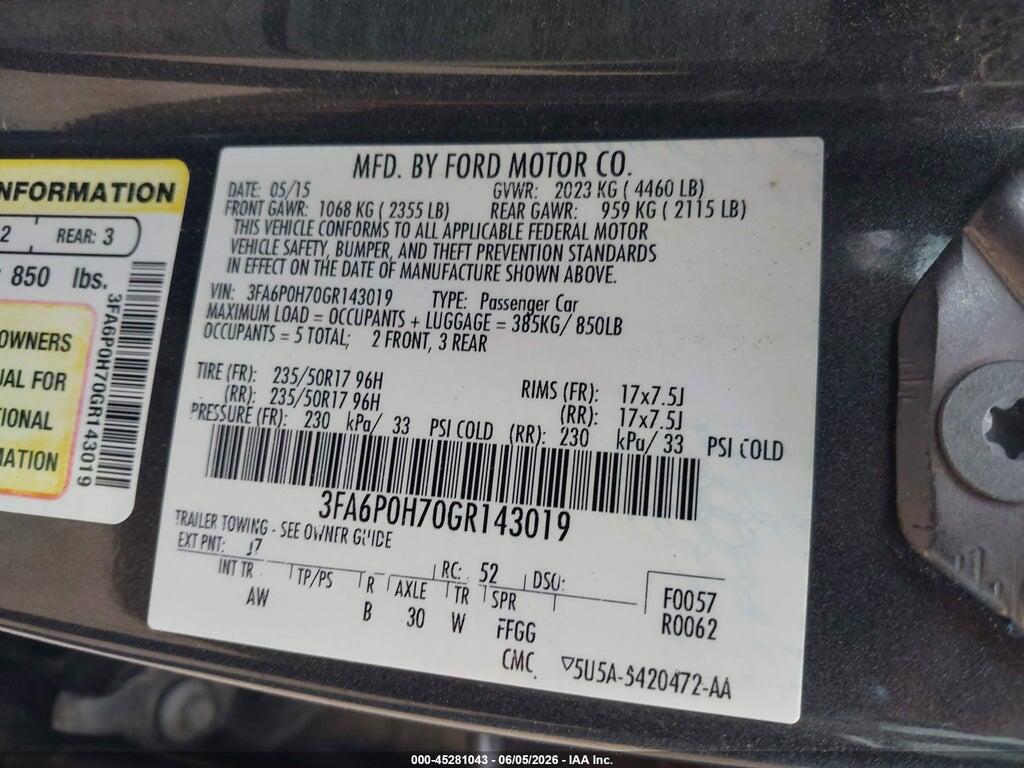 3FA6P0H70GR143019 2016 FORD FUSION photo no. 9